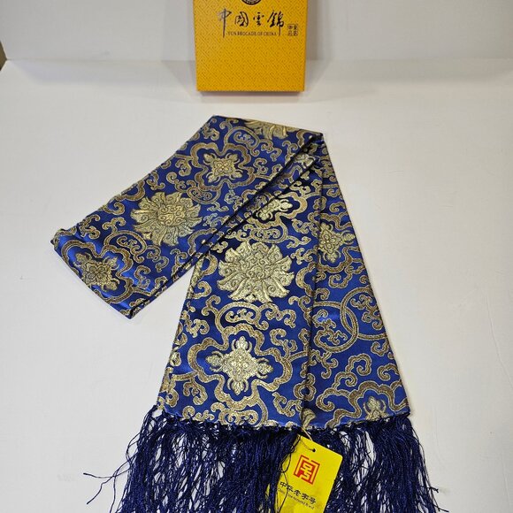Exquisite Yung Silk Brocade Cobalt Blue And Gold Scarf With Silk Fringe - Picture 1 of 8